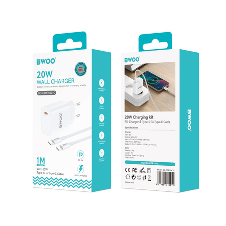 BWOO ładowarka sieciowa PD CDA159 USB-C + kabel USB-C - USB-C 20W biała