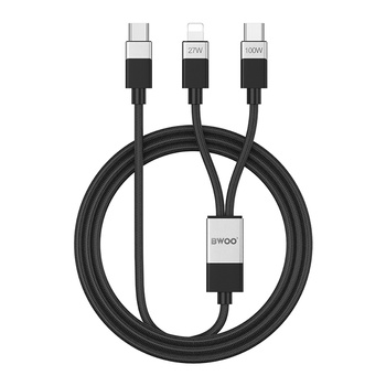BWOO kabel Pleciony 2w1 USB-C - USB-C i Lightning 1m 100W/27W czarny