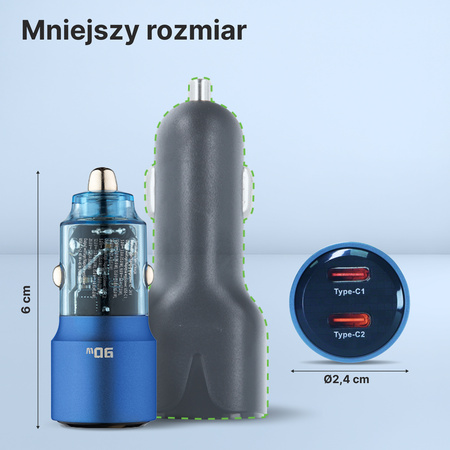 QUALO Transparent ładowarka samochodowa 2x USB-C aluminiowa 90W QTLS-AC-A-90