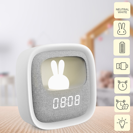 Budzik z nocnym króliczkiem LED PURE FNL-06 AURORA biały kwadratowy Forever Light