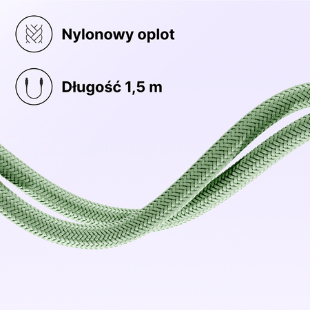 QUALO Transparent kabel nylonowy USB-C - USB-C 1,5m 3A 60W zielony QTCN-CC-04