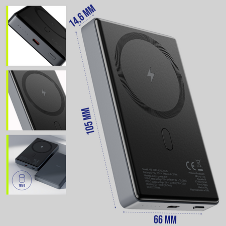 Allity powerbank bezprzewodowy APB-300 PD QC 20W 10000 mAh szary magnetyczny