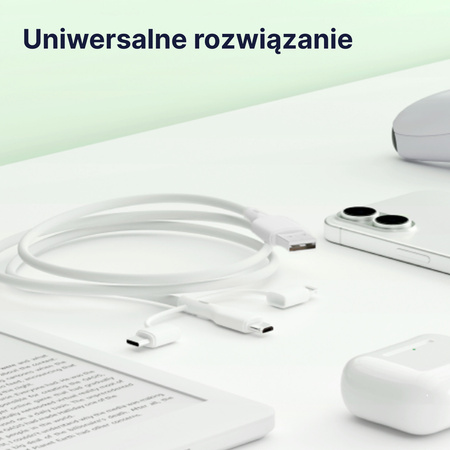 QUALO Recycling kabel 3w1 USB-C - USB-A adapter microUSB + Lightning 1,5m 3A biały QRC-CA+M+L-00