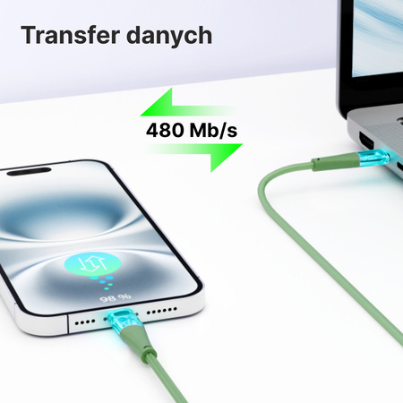 QUALO Transparent kabel nylonowy USB-A - USB-C 1,5m 3A 60W zielony QTCN-AC-04