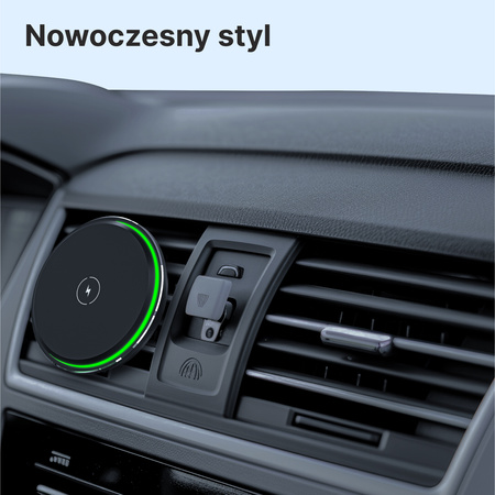 QUALO MagSafe uchwyt samochodowy do kratki z ładowaniem indukcyjnym oval LED czarny QMUS-KO-LD-01