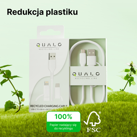 QUALO Recycling kabel 2w1 USB-C - USB-C 60W adapter USB-A 1,5m 3A biały QRC-CC+A-00