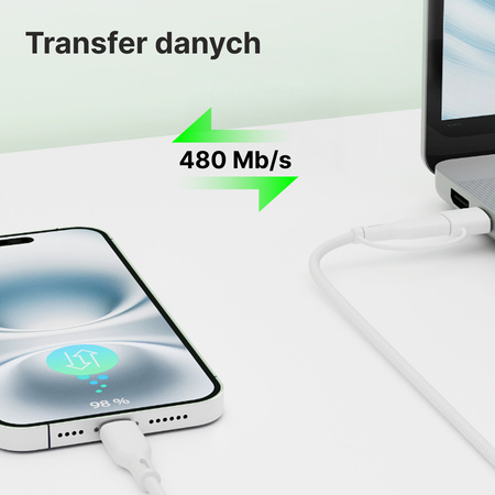 QUALO Recycling kabel 2w1 USB-C - USB-C 60W adapter USB-A 1,5m 3A biały QRC-CC+A-00