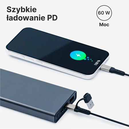 QUALO kabel silicon 2w1 USB-C - USB-C + USB-A  1,2m 3A czarny QKN-2w1-CCA-01