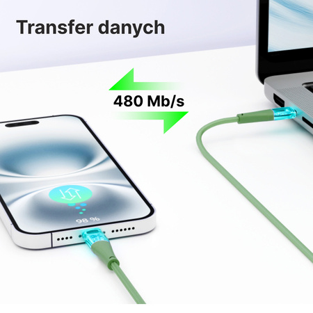 QUALO Transparent kabel nylonowy USB-C - USB-C 1,5m 3A 60W zielony QTCN-CC-04