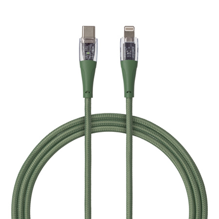 QUALO Transparent kabel nylonowy USB-C - Lightning 1,5m 2,4A zielony QTCN-CL-04