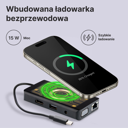 QUALO Transparentny HUB z funkcją ładowarki indukcyjnej szary QTPB5-HUB-18