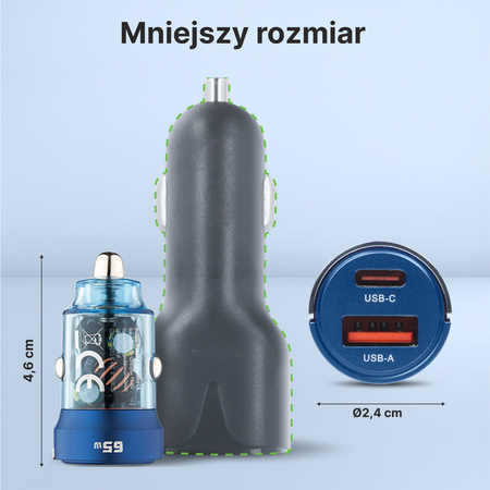QUALO Transparent ładowarka samochodowa USB-A USB-C aluminiowa 65W QTLS-AC-A-65