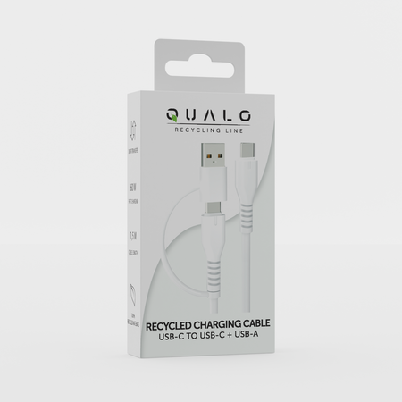 QUALO Recycling kabel 2w1 USB-C - USB-C 60W adapter USB-A 1,5m 3A biały QRC-CC+A-00