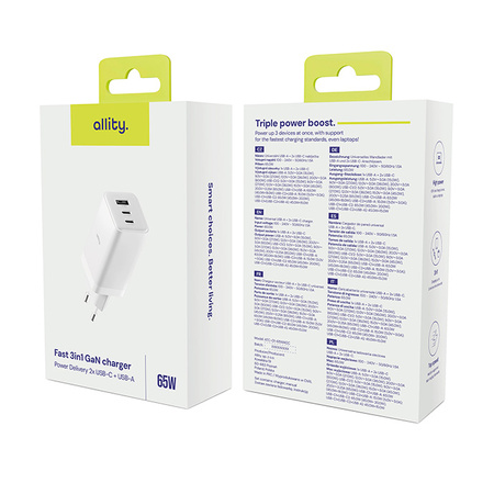 Allity ładowarka sieciowa GaN PD QC ATC-01-65WACC 2x USB-C + 1x USB-A 65W biała