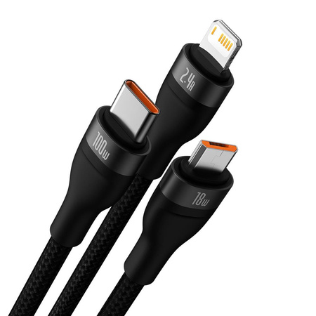 Baseus kabel 3w1 Flash II USB + USB-C - Lightning + USB-C + microUSB 1,5 m 3,5A czarny 100W