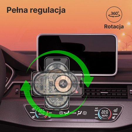 QUALO Transparent uchwyt samochodowy do kratki z ładowaniem indukcyjnym 15W szary QTUS-K-15-18