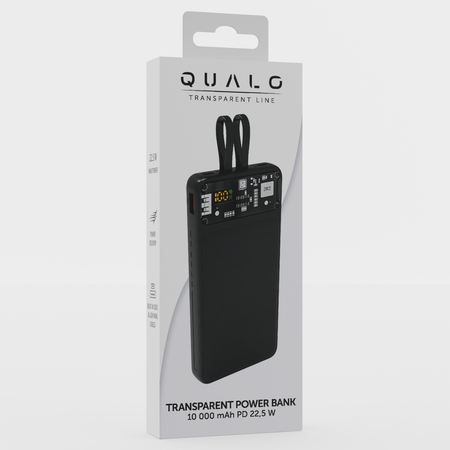 QUALO Transparent power bank 10000 mAh PD z LED 22.5W czarny QTPB10-LD-23-01