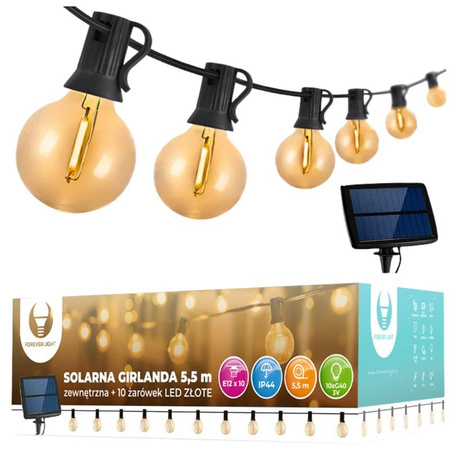 Girlanda świetlna 5,5m zewnętrzna + 10 żarówek G40 złota solarna IP44