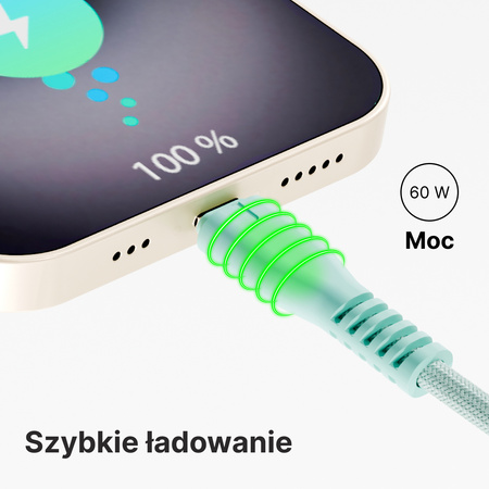 QUALO kabel nylonowy USB-C - USB-C 1,5m 3A 60W miętowy QKN-CC-21