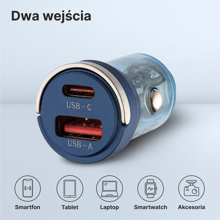 QUALO Transparent ładowarka samochodowa USB-A USB-C aluminiowa 65W QTLS-AC-A-65