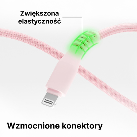 QUALO kabel nylonowy USB-C - Lightning 1,5m 2,4A rożowy QKN-CL-16
