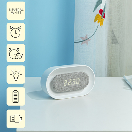 Budzik z nocną lampką LED PURE FNL-07 AKSEL biały podłużny Forever Light