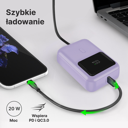QUALO power bank 10000 mAh mini z LED 20W liliowy QPB10-LD-20-09