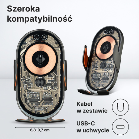 QUALO Transparent uchwyt samochodowy do kratki z ładowaniem indukcyjnym 15W szary QTUS-K-15-18