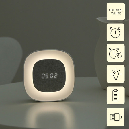 Budzik z nocną lampką LED PURE FNL-03 BJORN biały kwadratowy Forever Light