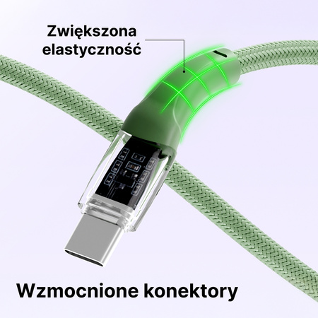 QUALO Transparent kabel nylonowy USB-C - USB-C 1,5m 3A 60W zielony QTCN-CC-04
