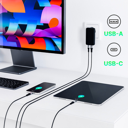 QUALO ładowarka sieciowa GaN ultra slim USB-A USB-C PD 45W czarna QLS-GN-US-AC-45-01