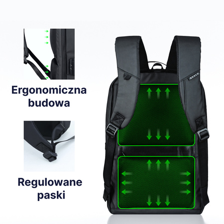 QUALO plecak sztywny wodoodporny z portem USB czarny QPS-W-USB-01