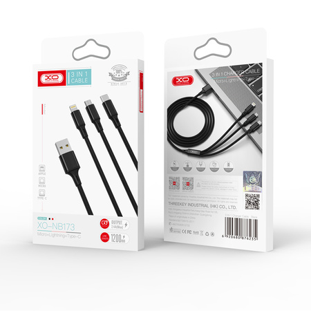 XO kabel NB173 3w1 USB - Lightning + USB-C + microUSB 1,2 m 2,4A czarny