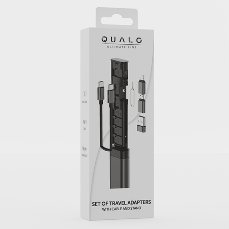 QUALO Zestaw adapterów podróżnych z kablem z podstawką czarny   QZS-P-01