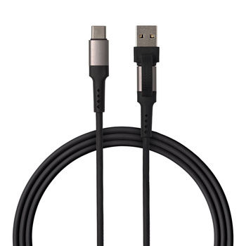 QUALO kabel silicon 2w1 USB-C - USB-C + USB-A  1,2m 3A czarny QKN-2w1-CCA-01