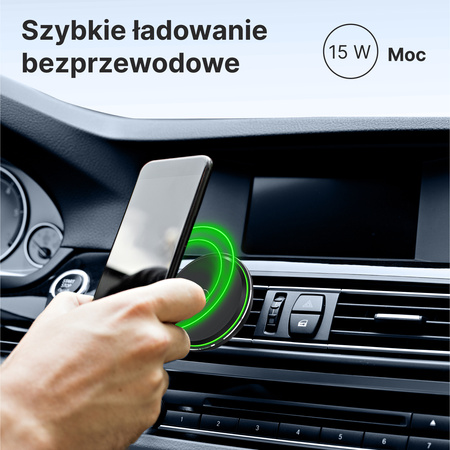 QUALO MagSafe uchwyt samochodowy do kratki z ładowaniem indukcyjnym oval LED czarny QMUS-KO-LD-01