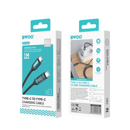 BWOO kabel Pleciony USB-C - USB-C 1m 60W z animowanym podświetleniem, czarny