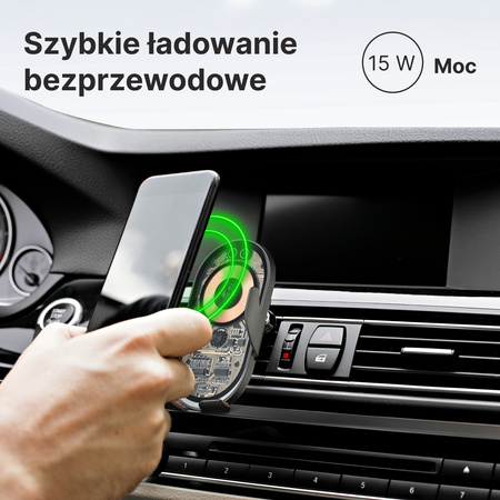 QUALO Transparent uchwyt samochodowy do kratki z ładowaniem indukcyjnym 15W szary QTUS-K-15-18