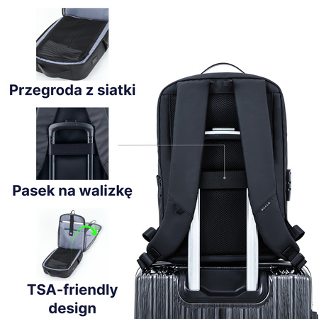 QUALO plecak sztywny wodoodporny z portem USB czarny QPS-W-USB-01