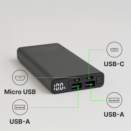 QUALO power bank 10000 mAh z LED 22.5W szary QPB10-LD-23-18