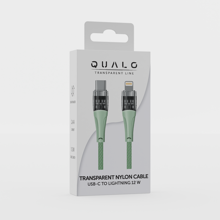QUALO Transparent kabel nylonowy USB-C - Lightning 1,5m 2,4A zielony QTCN-CL-04