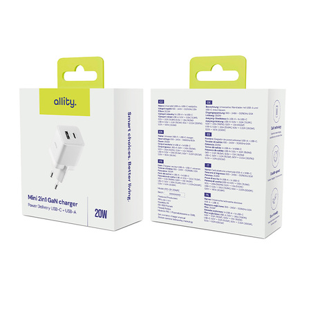 Allity ładowarka sieciowa GaN PD QC ATC-01-20WAC 1x USB-C 1x USB-A 20W biała