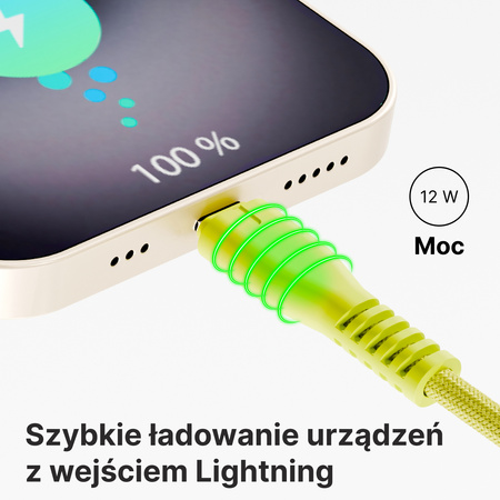 QUALO kabel nylonowy USB-C - Lightning 1,5m 2,4A zółty QKN-CL-05